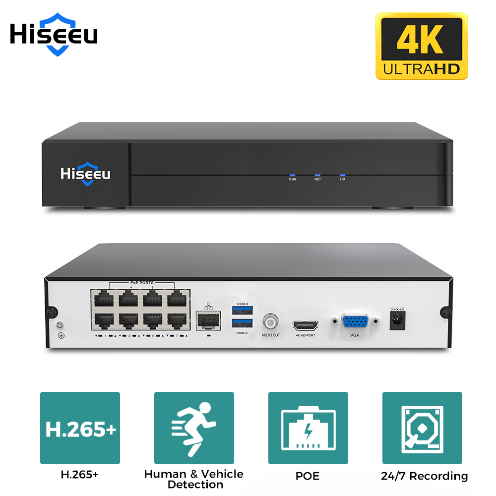 Home Security With Camera - เครื่องบันทึกวิดีโอเครือข่าย Hiseeu 8CH 4K PoE NVR
