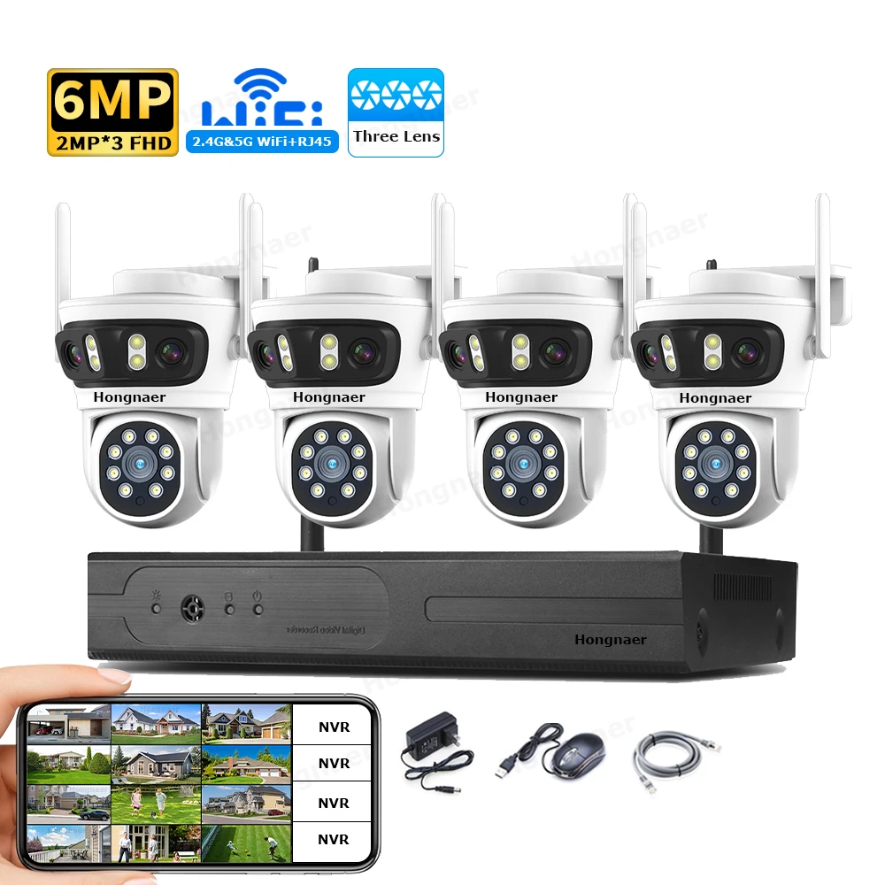 Home Security With Camera - ชุดกล้องวงจรปิดรักษาความปลอดภัยภายในบ้าน Hongnaer 6MP 4CH 3 เลนส์