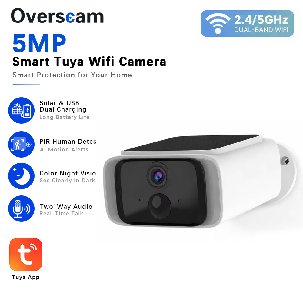 Home Security Indoor Cameras - กล้องวงจรปิดพลังงานแสงอาทิตย์ Tuya 5MP ไร้สายสำหรับภายนอกอาคาร รองรับ WiFi
